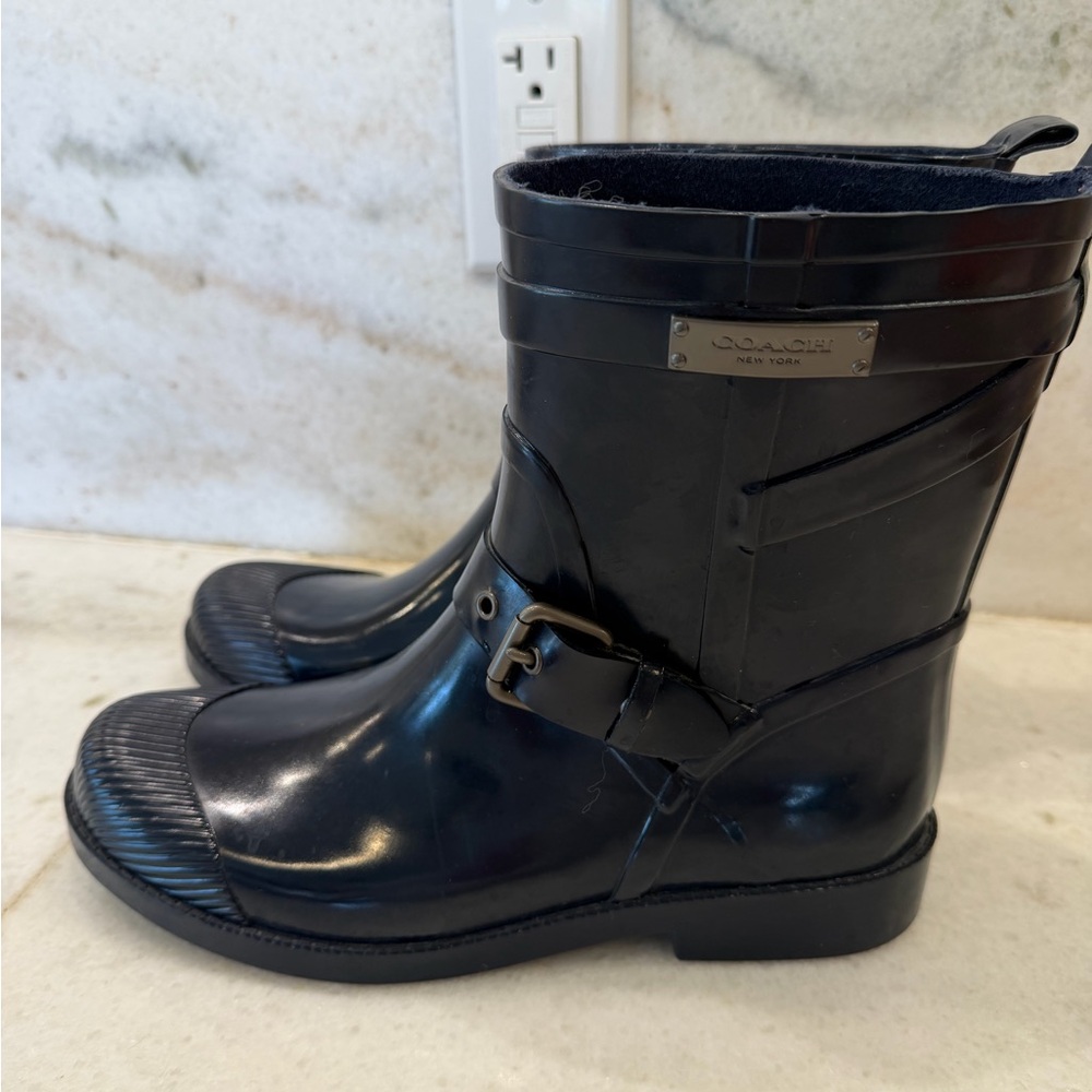 Coach Black Waterproof Rubber Buckle Rain Boots - Picture 3 of 12